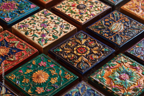 Professional decorative hand-painted ceramic tiles from jaipur craft tradition, intricate floral patterns, rich colors setup in professional