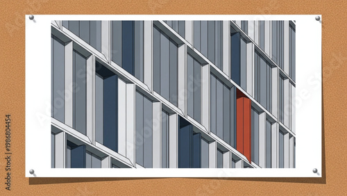 A large building with many windows and a red door is shown on a bulletin board.