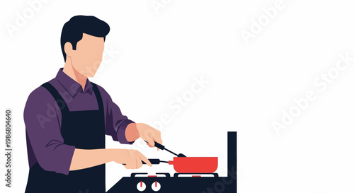 Faceless Man Cooking in Kitchen, Flat Vector Illustration of Male Chef with Frying Pan on Gas Stove, Home Cooking and Healthy Lifestyle Concept.