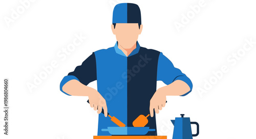 Faceless male chef cooking with frying pan and spatula flat vector illustration