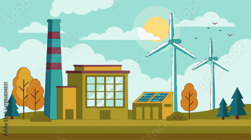 Industrial landscape with factory, wind turbines, solar panels, and nature