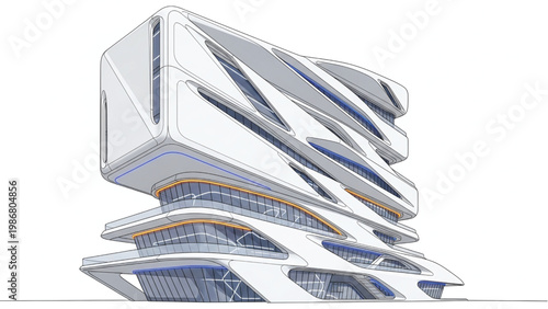 Futuristic building design with sleek lines and blue accents on white background.