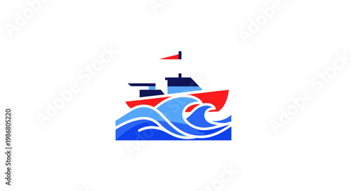 Red and blue boat on waves.