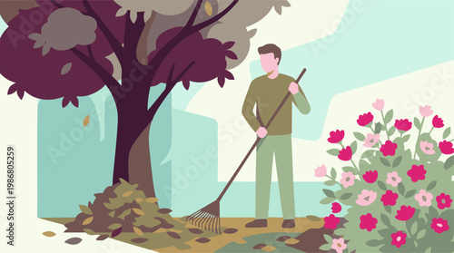 Man raking autumn leaves in a vibrant garden, flat illustration style