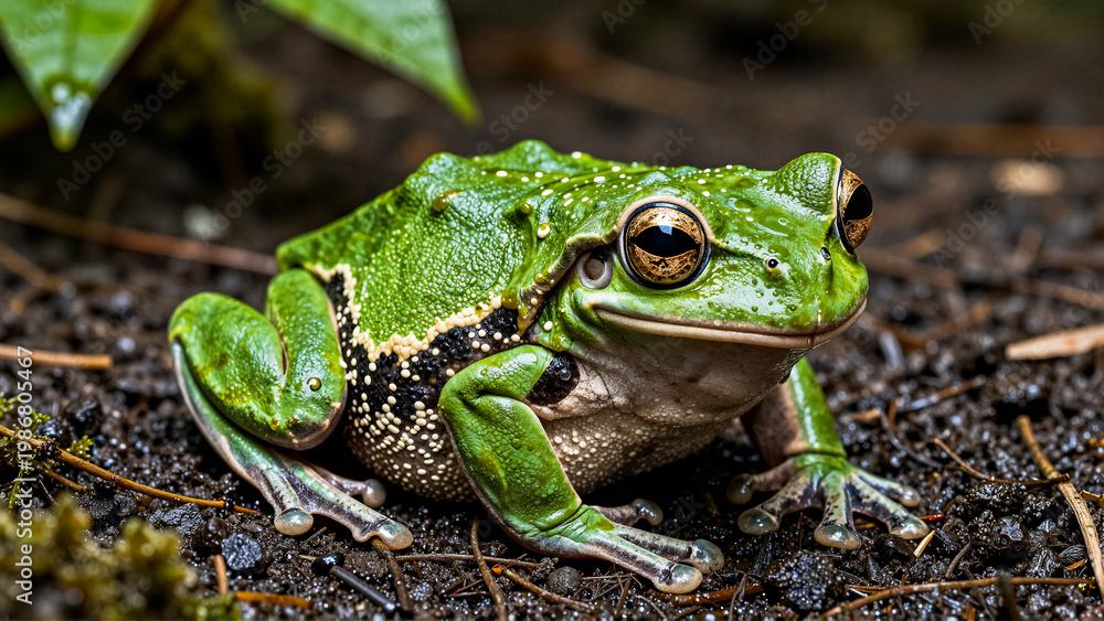 Obraz premium Vibrant green frog with large brown eyes perched on moist dark earth