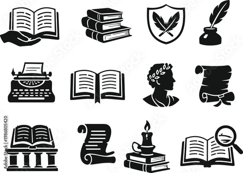Open and closed book line icon set isolated on white background, education library outline vector collection
