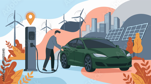 Man charging electric car at station powered by renewable energy