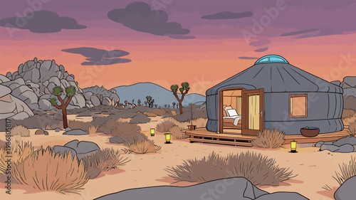 Desert Yurt with Outdoor Lighting at Sunset