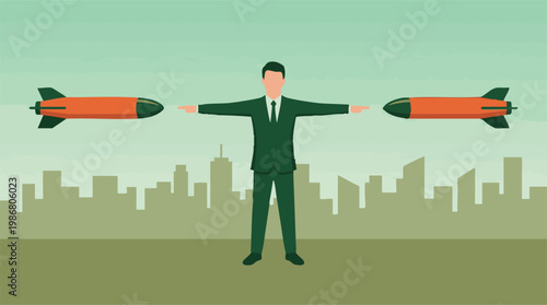 Businessman mediating conflict between two rockets in a city setting