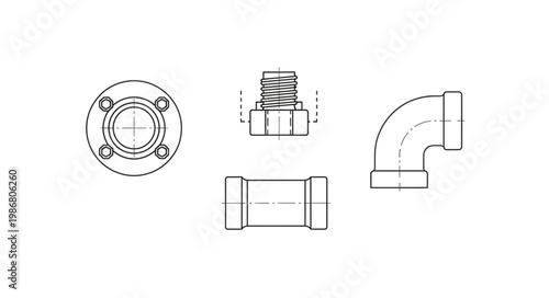 Technical Drawing of Plumbing Components and Fasteners.