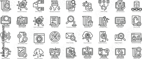 digital forensic icon set. containing data, recovery, evidence, file, analysis, disk imaging, metadata extraction, log, incident response, investigation, audit, malware