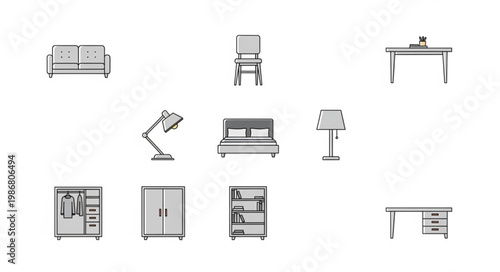 Collection of simple line art furniture icons for interior design.