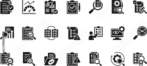 audit icon set collection. pack contain check, verify, review, inspect, assess, report, evaluate, comply, observe, monitor icon