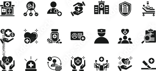 medicare icon set collection. pack contain health, care, doctor, nurse, hospital, medical, clinic, patient, treatment, card icon