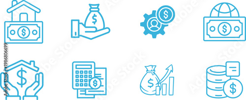 Finance icon set collection group featuring banking money investment budget accounting currency payment business economy tax profit savings credit wallet analytics modern vector design.