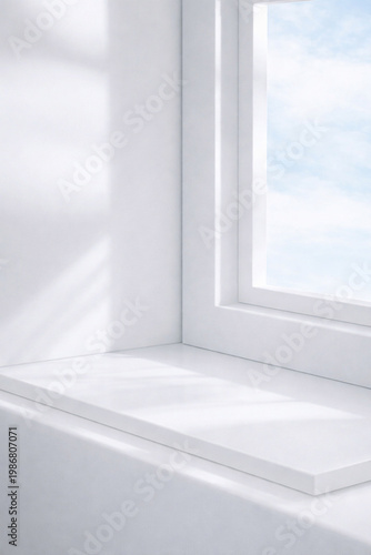 Slika na platnu White window sill with sunlight and blue sky background