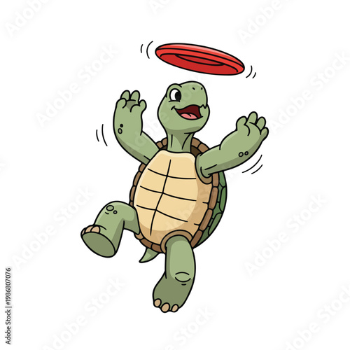 A cartoon turtle jumping to catch a red frisbee in mid-air against a clean white background with a playful mood.