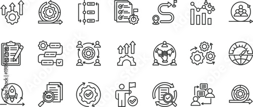 scrum development icon set collection. icon pack contain scrum, sprint, backlog, planning, review, retrospect, methodology, increment, communication, iteration icon