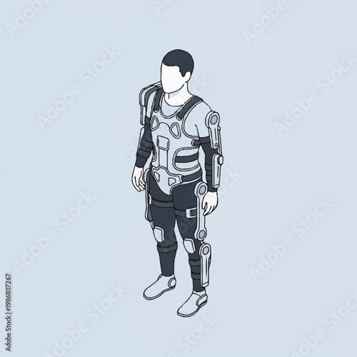 A man wearing futuristic robotic exoskeleton suit.