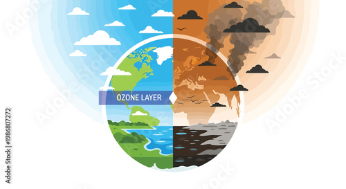 Earth's ozone layer depletion and environmental pollution vector illustration