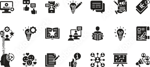 Storytelling icon set collection. Icon pack contains narrative, plot, script, dialogue, video content, strategy, influencer, inspiration, communication, content, marketing, viral