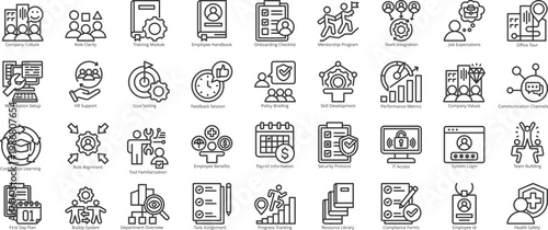 employee onboarding icon set. containing orientation program, engagement, training module, checklist, mentorship program, team integration, job expectation, career path