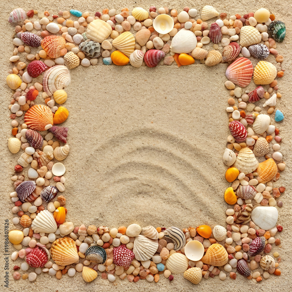 Obraz premium seashells on a beach a close up top down view covering sand