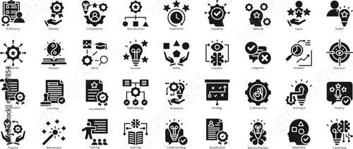 Expertise icon set. Contain knowledge, skill, proficiency, mastery, competence, specialization, experience, capability, aptitude, talent, expert, insight, capacity, competence