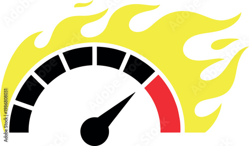 Speed gauge with flames indicating high performance or overheating