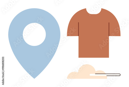 Fashion design, sewing tools, location services, tailoring , DIY crafts, business branding. A geolocation marker, T-shirt and needle with thread on a white background. Fashion design and sewing