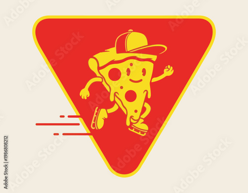 A smiling slice of pizza wearing a hat runs quickly on a road sign.