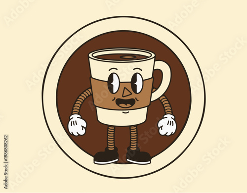 A cartoon coffee cup character with a face and limbs stands on a brown background.