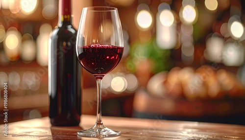Elegant Wine Glass on Bar: A sophisticated scene of a wine glass filled with rich red wine, poised on a polished wooden bar, next to a full bottle with a inviting soft glow and subtle blur background.