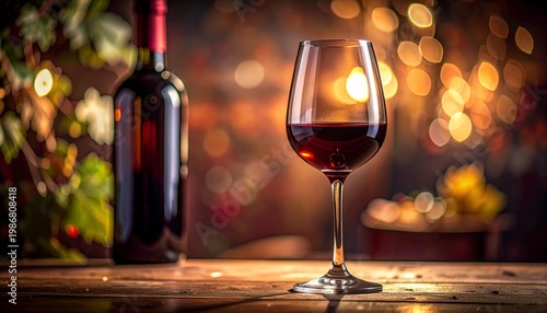 Wine Tasting: A captivating close-up of a wine glass, filled with rich red wine, alongside a bottle, both presented on a wooden table, against a backdrop of blurred bokeh lights.