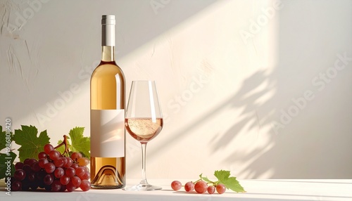 Exquisite Wine and Grape Arrangement: A delicate display of a wine bottle and a filled glass alongside a cluster of ripe grapes, bathed in gentle sunlight and shadows.