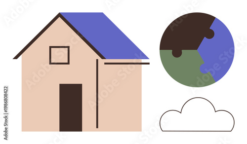 Sustainability, environmental care, eco-friendly living, housing development, global unity, climate awareness. A house, globe and cloud symbols. Sustainability and environmental care concepts