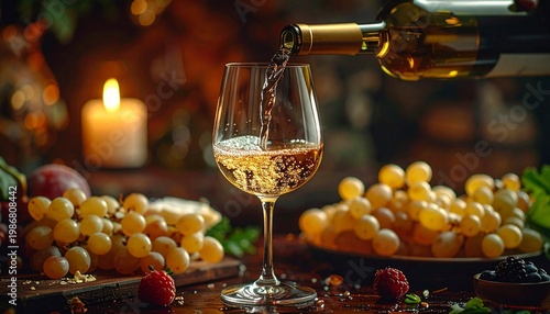 Wine Pour: A delicate stream of wine gracefully fills a crystal glass, embodying the simple pleasure of an elegant evening. A soft candle glow, grapes, and fruit create a perfect composition.