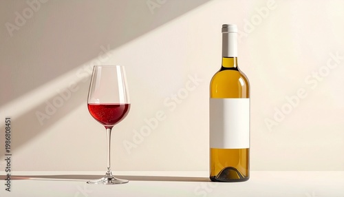 Wine and Glass Elegance: A sophisticated composition featuring a tall, graceful wine glass alongside a wine bottle, bathed in soft, natural light, epitomizing elegance and refinement.