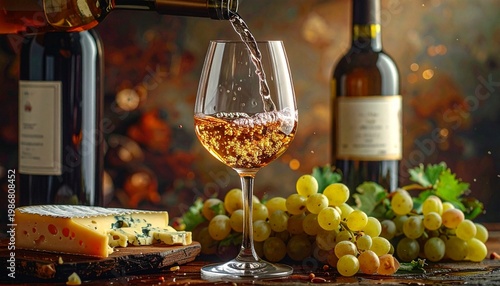 Wine and Cheese Pairing: An elegant scene showcasing a glass being filled with wine, alongside cheese and grapes, inviting indulgence in a moment of refined relaxation.