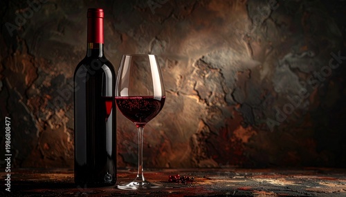 Wine bottle and glass: A close-up view presents a classic bottle of red wine, paired with an elegant glass, each brimming with the deep color of the vintage.