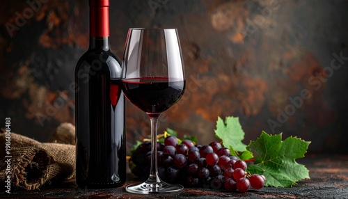 Exquisite Wine Tasting: A tantalizing composition featuring a bottle of rich red wine, a sophisticated wine glass, and a cluster of ripe grapes, inviting the viewer to savor the sensory experience.