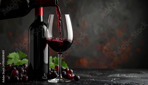 Wine Pouring Elegance: A bottle of wine is being poured into a transparent glass, next to a bottle and grape on a table, with dark and moody background, showcasing the rich colors of the drink. 