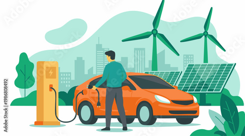 Electric car charging at station powered by green energy in city