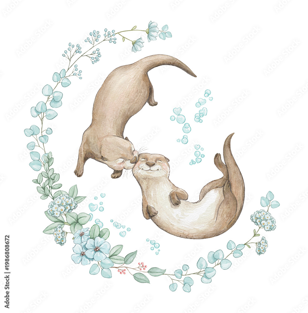 Φωτογραφία Watercolor composition card with pair cute otters swimming and kissing animals under water for Valentine's Day framed of blue flowers isolated of white background