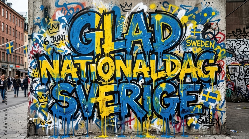 Fototapeta premium A bold graffiti-inspired composition where massive hand-painted lettering “Glad Nationaldag Sverige”