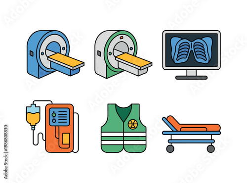 Medical imaging icons collection featuring MRI scanner X ray display radiation protection vest contrast injector and hospital stretcher black background set