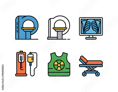 Medical imaging icons set of six MRI scanner X ray monitor radiation vest contrast injector hospital stretcher black silhouette vector graphics