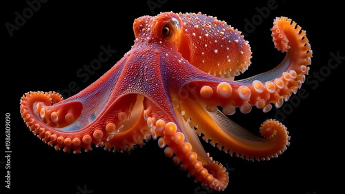 Vibrant orange octopus gracefully extends its tentacles while swimming through dark waters, showcasing intricate textures and colors in a captivating underwater scene
