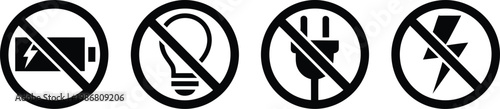 No electricity icon set, warning symbols featuring lightning prohibition blackout and power outage hazard alert concept for safety and emergency design.