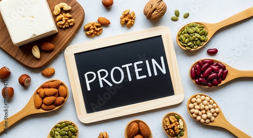 High protein foods and ingredients on a table with a chalkboard sign